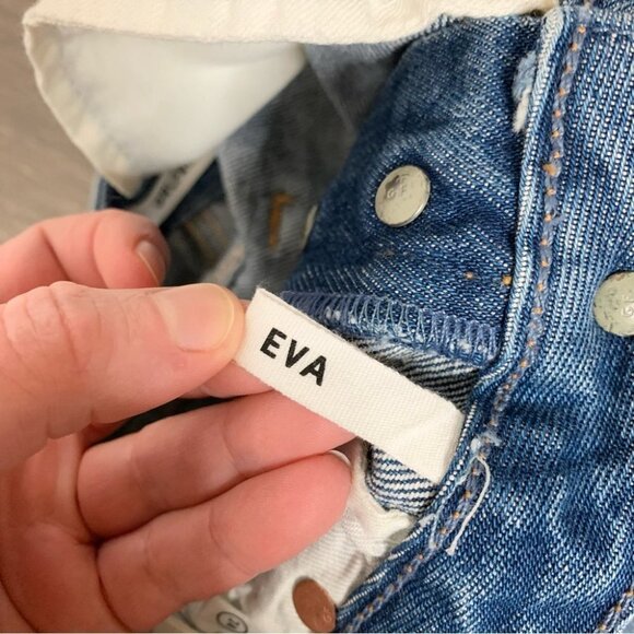 Revolve GRLFRND Eva Mini Denim Skirt A-Frame Gusset Distressed Medium Wash - Picture 7 of 13